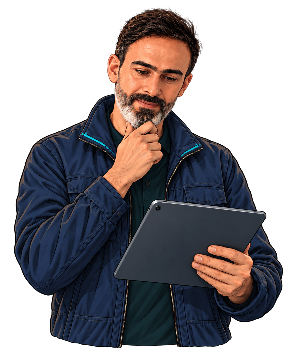 Illustrated character of Modar Awwad holding a tablet